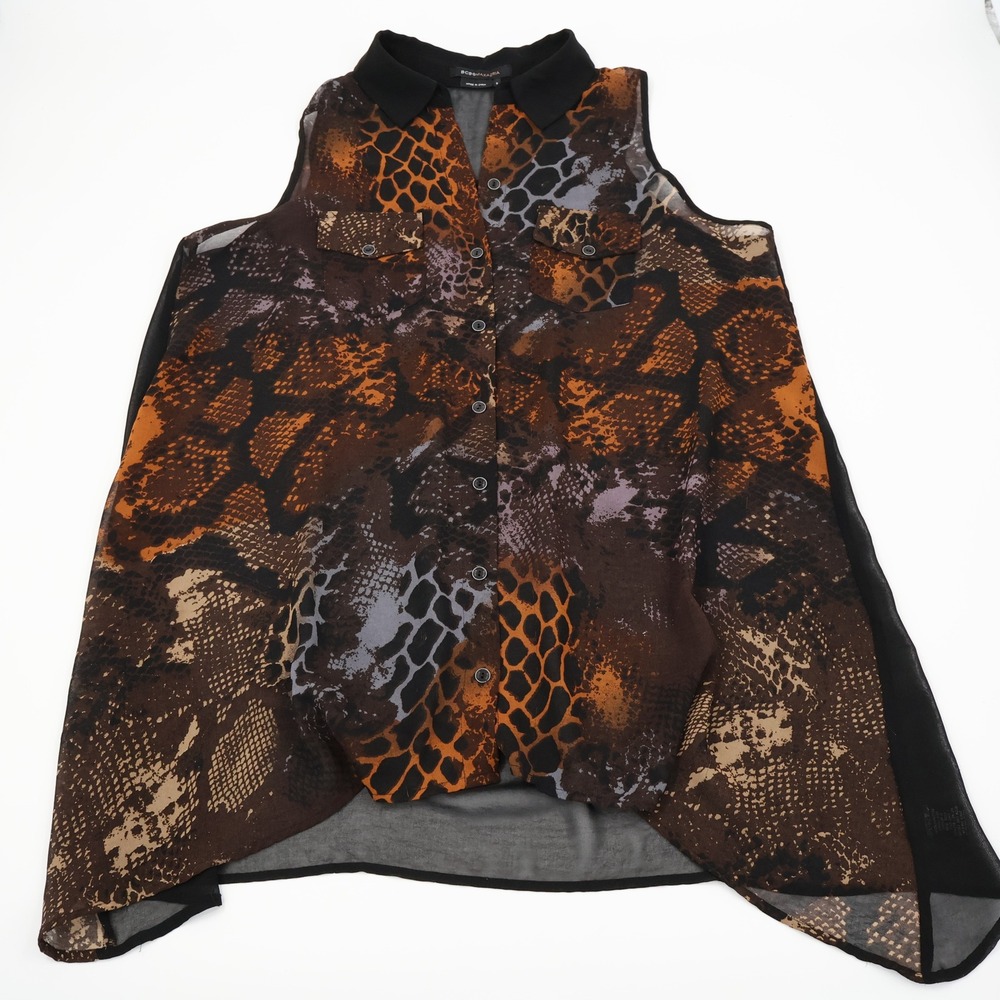 BCBGMAXAZRIA‎ Sleeveless Blouse Womens Small Brown Snakeskin Sheer High-Low Top